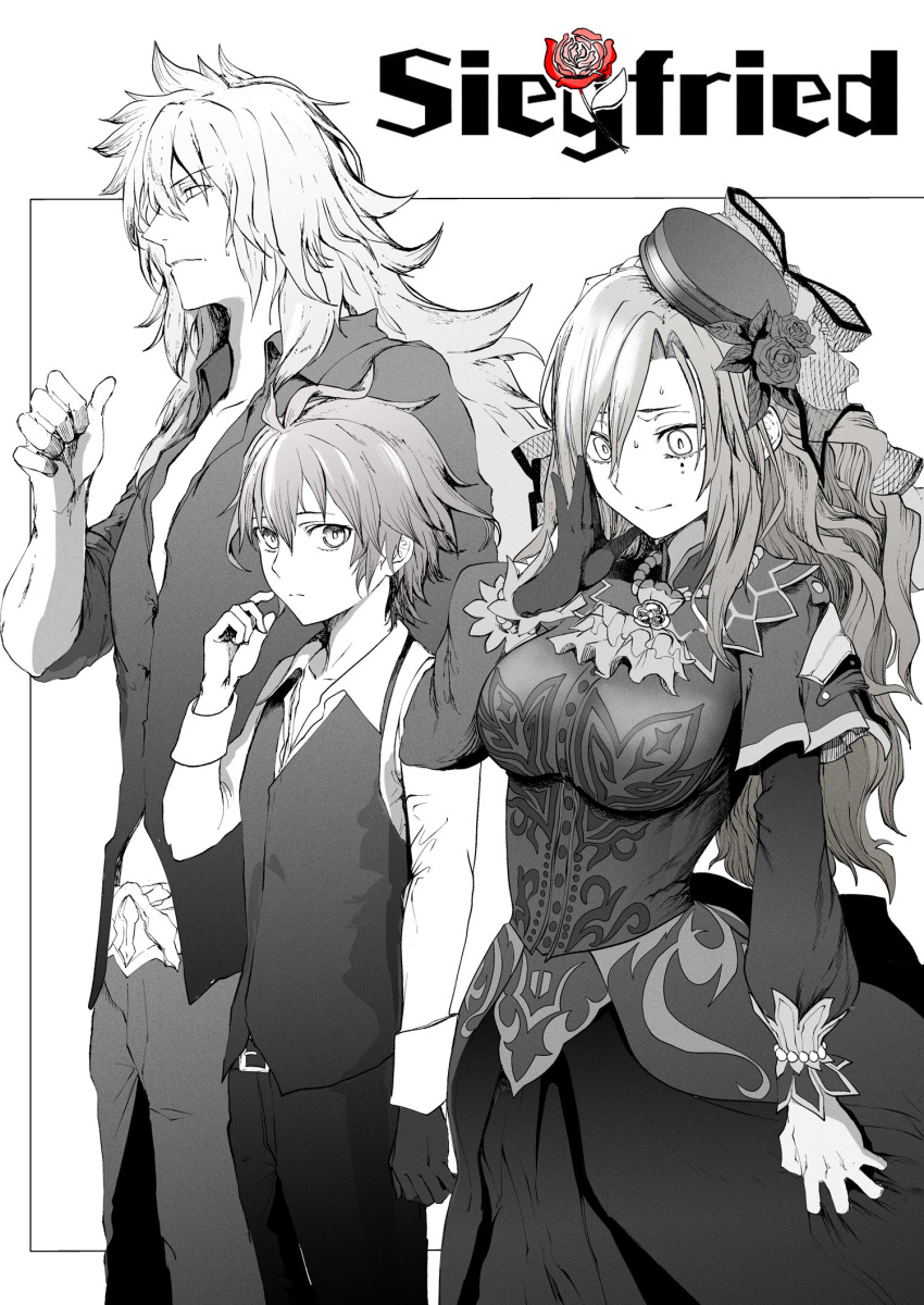 2boys ascot belt_buckle bishounen boy_and_girl_sandwich breasts brooch buckle capelet character_name collared_shirt dress dress_shirt fate/apocrypha fate/grand_order fate_(series) female flower gloves greyscale hat highres historical_name_connection husband_and_wife jewelry kriemhild_(fate) kriemhild_(first_ascension)_(fate) large_breasts long_hair long_sleeves mole mole_under_eye monochrome multiple_boys name_connection rose sandwiched shirt short_hair sieg_(fate) siegfried_(fate) siegfried_(super_cool_biz)_(fate) single_glove syatey trait_connection veil vest