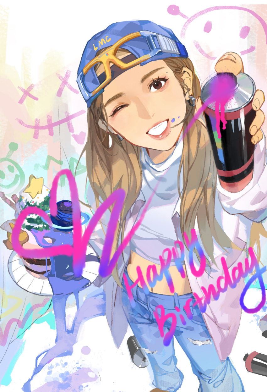 absurdres backwards_hat blue_hat brown_eyes brown_hair cake can chinese_commentary commentary_request crop_top cropped_shirt denim drawing_on_fourth_wall female food fourth_wall from_above goggles goggles_on_head hair_behind_ear happy_birthday hat highres holding holding_can jeans k-pop mamamoo midriff moonbyul_(mamamoo) navel paint_splatter paint_splatter_on_face pants parted_lips real_life shanhu686 shirt smile solo spray_can star_(symbol) streetwear torn_clothes torn_pants turtleneck white_shirt