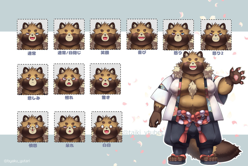 2021 anthro asian_clothing belly blush brown_body brown_fur byaku_yutari canid canine closed_eyes clothing east_asian_clothing fur hi_res humanoid_hands japanese_clothing kemono male mammal moobs overweight overweight_male raccoon_dog solo tanuki vtuber