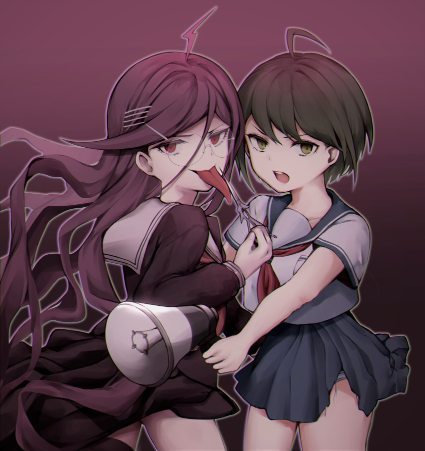 2girls absurdres ahoge black_background black_hair black_legwear black_skirt braid brown_eyes brown_hair commentary_request danganronpa_(series) danganronpa_another_episode:_ultra_despair_girls fukawa_toko glasses gradient_background hair_ornament hairclip highres holding holding_megaphone long_hair long_skirt looking_at_viewer megaphone mole multiple_girls naegi_komaru neckerchief open_mouth pink_background school_uniform scissors serafuku short_hair short_sleeves skirt teeth thighhighs tongue tongue_out torn_clothes torn_skirt twin_braids underwear upper_teeth_only usanta