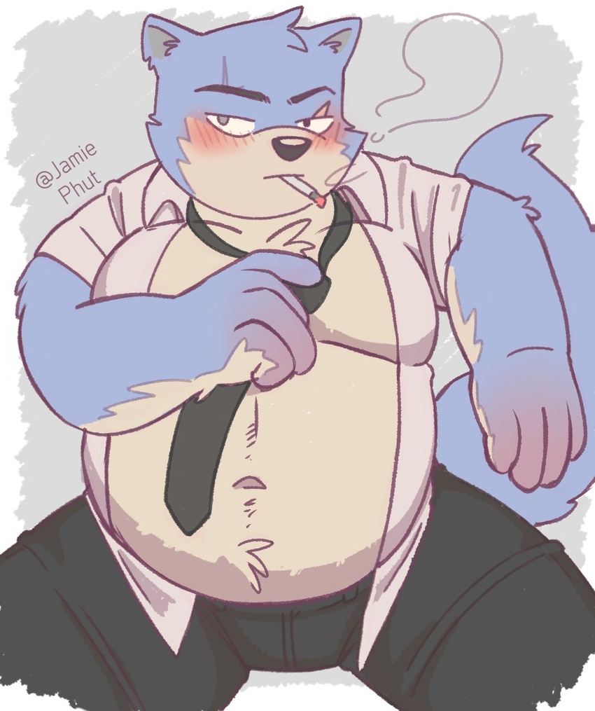 2021 anthro belly blue_body blue_fur blush bottomwear canid canine canis clothing domestic_dog fur hi_res jamiephut kemono male mammal moobs navel necktie overweight overweight_male pants scar sitting smoking solo