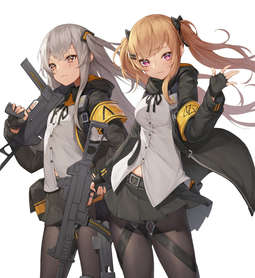 2girls absurdres armband black_pantyhose breasts brown_eyes brown_hair commentary fingerless_gloves girls'_frontline gloves grey_hair gun highres jacket medium_breasts mokew multiple_girls one_side_up pantyhose protected_link purple_eyes ribbon scar scar_across_eye scar_on_face shirt skirt small_breasts smile submachine_gun twintails ump45_(girls'_frontline) ump9_(girls'_frontline) weapon white_shirt yellow_armband