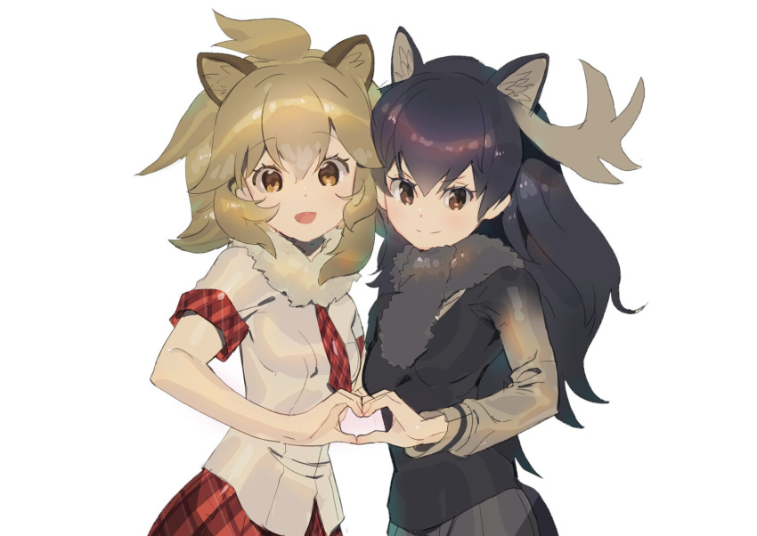 2girls animal_ears antlers blonde_hair brown_hair brown_skirt commentary_request cowboy_shot fur_collar heart heart_hands heart_hands_duo highres horns kemono_friends lion_(kemono_friends) lion_ears lion_girl long_hair long_sleeves moose_(kemono_friends) moose_ears multiple_girls necktie open_mouth plaid plaid_neckwear plaid_skirt plaid_trim pleated_skirt scarf short_hair short_sleeves skirt smile sweater tanakalma yellow_eyes yuri