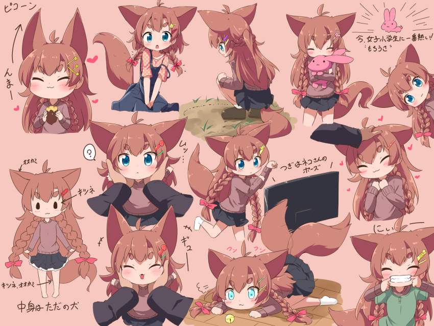 :< :3 ? ^_^ ahoge animal_ears bell blue_eyes blush bow braid brown_hair cheek_squash closed_eyes commentary eating fangs female fox_ears fox_tail french_braid hair_ornament hairbow hairpin headpat highres jingle_bell long_hair makuran momiji_(makuran) multiple_views original skirt spoken_question_mark squatting stuffed_toy suspender_skirt suspenders tail tail_wagging thick_eyebrows translated twin_braids