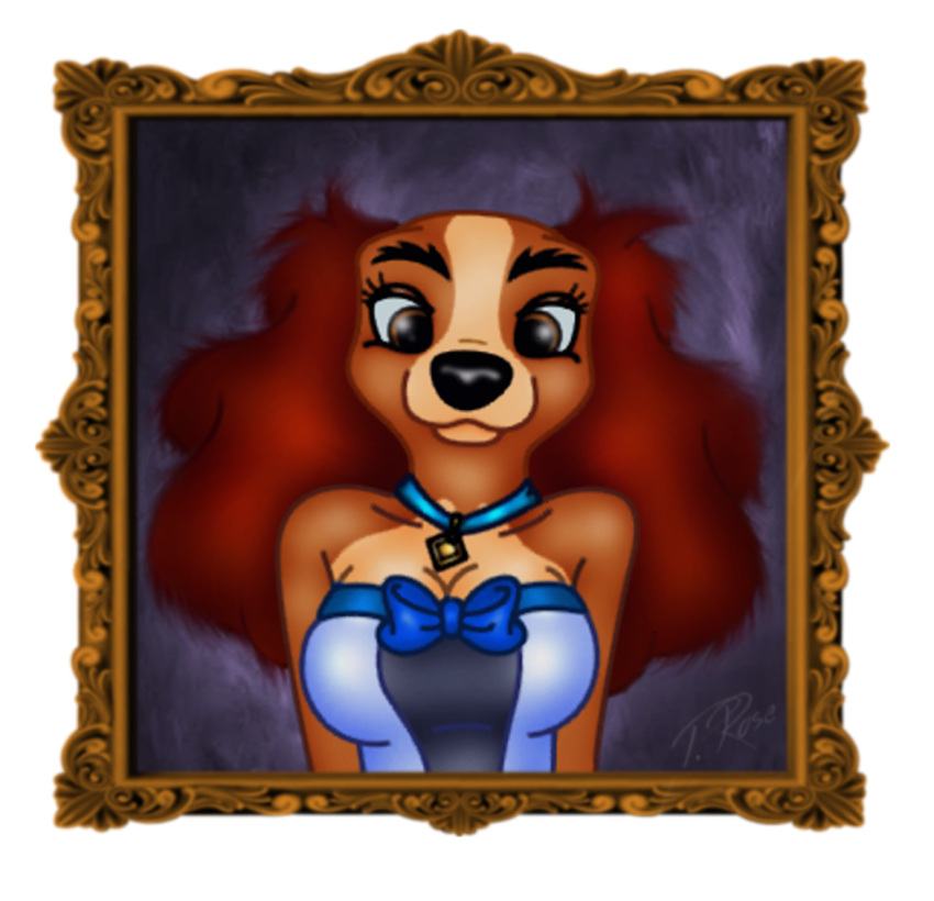 alpha_channel anthro bird_dog brown_body brown_eyes brown_fur canid canine canis clothing cocker_spaniel collar collar_tag diamond_collar_tag disney domestic_dog dress female folwilliar fur half-length_portrait hunting_dog lady_(lady_and_the_tramp) lady_and_the_tramp mammal painting portrait ribbons solo spaniel