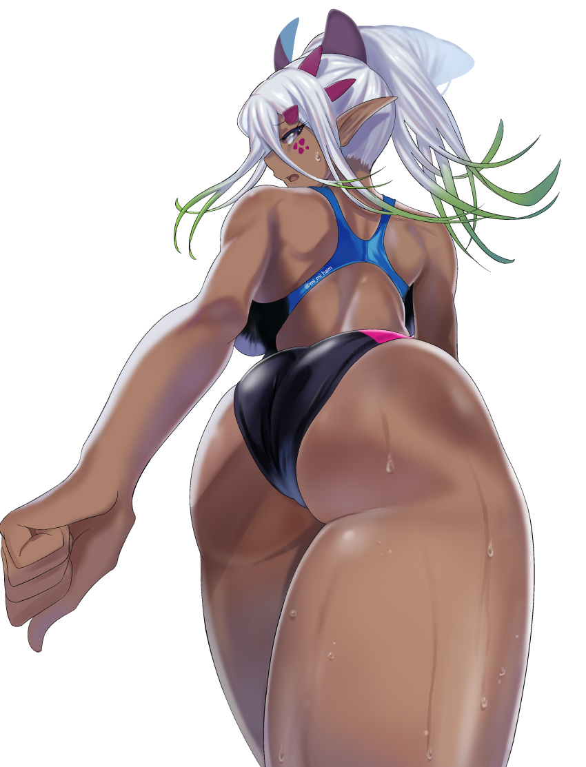 absurdres artist_name ass bare_arms bare_shoulders clenched_hand commentary_request competition_swimsuit dark-skinned_female dark_skin dutch_angle elf facial_mark female from_behind gradient_hair green_hair highres long_hair looking_at_viewer looking_back mi_mi_ham multicolored_hair one-piece_swimsuit open_mouth original pointy_ears purple_eyes rikka_(mi_mi_ham) shiny_skin sidelocks signature simple_background solo sweat sweatdrop swimsuit thighs tied_hair white_background