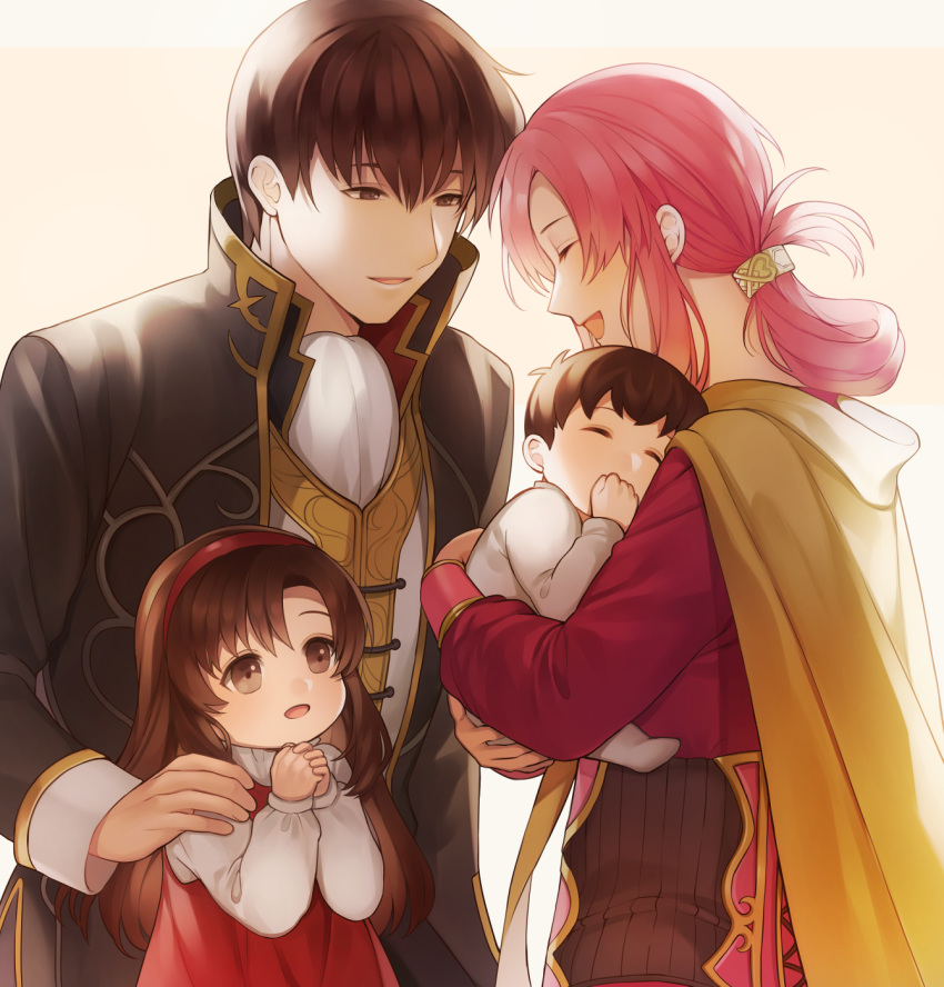 2boys 2girls :d aged_down altena_(fire_emblem) aym_(ash3ash3ash) baby blush brother_and_sister brown_coat brown_eyes brown_hair cape closed_eyes coat commentary_request dress ethlyn_(fire_emblem) family father_and_daughter father_and_son fire_emblem fire_emblem:_genealogy_of_the_holy_war folded_ponytail hair_ornament hairband hairclip highres holding_baby husband_and_wife laughing leif_(fire_emblem) long_hair mother_and_daughter mother_and_son multiple_boys multiple_girls open_mouth pink_hair quan_(fire_emblem) red_dress red_hairband red_shirt shirt siblings smile yellow_cape