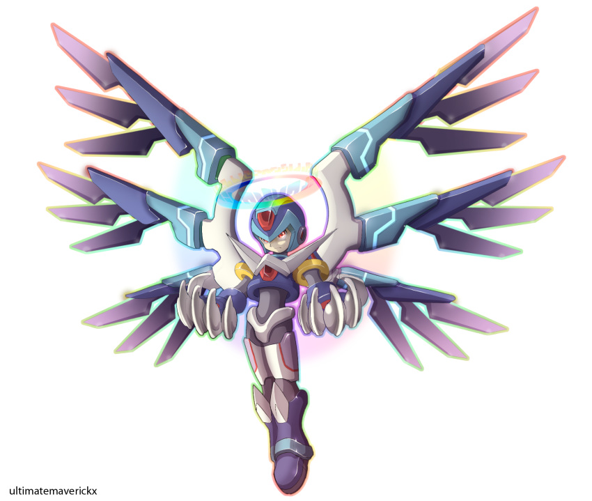 1boy alternate_wings android angel angel_wings artist_name claw_(weapon) claws commentary_request copy_x_(mega_man) gloves halo helmet highres large_wings male_focus mega_man_(series) mega_man_zero_(series) mega_man_zero_1 multiple_wings red_eyes seraph ultimatemaverickx weapon white_background wings