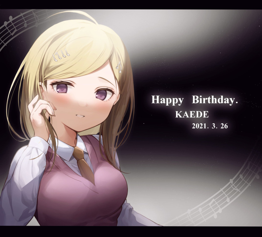 adjusting_hair ahoge akamatsu_kaede bad_id bad_pixiv_id beamed_eighth_notes blonde_hair blush breasts character_name collared_shirt commentary_request danganronpa_(series) danganronpa_v3:_killing_harmony dated eighth_note female hair_ornament hand_in_own_hair hand_up happy_birthday highres large_breasts letterboxed long_hair long_sleeves looking_at_viewer musical_note musical_note_hair_ornament necktie parted_lips pink_vest purple_eyes quarter_note shirt smile solo sweater_vest teeth upper_body usanta vest white_shirt