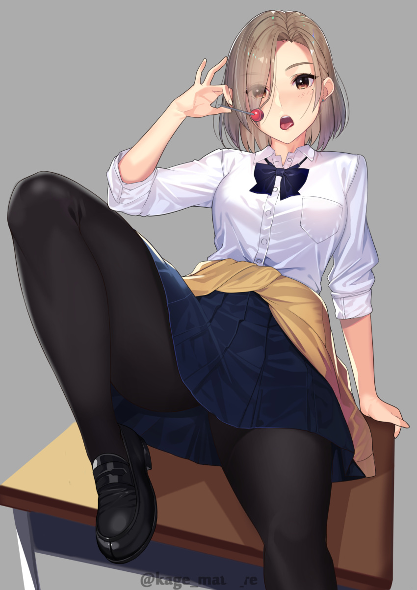 black_pantyhose blonde_hair blue_skirt bow breast_pocket breasts brown_eyes buttons candy clothes_around_waist collared_shirt commentary_request desk eyes_visible_through_hair female food hair_over_one_eye high-waist_skirt highres holding holding_candy holding_food holding_lollipop kagematsuri leg_lift leg_up lollipop long_sleeves looking_at_viewer medium_breasts necktie on_desk open_mouth original pantyhose parted_bangs pinky_out pleated_skirt pocket school_uniform shirt shirt_tucked_in shoes short_hair simple_background sitting skirt skirt_over_leggings sleeves_rolled_up solo tongue tongue_out white_shirt wing_collar