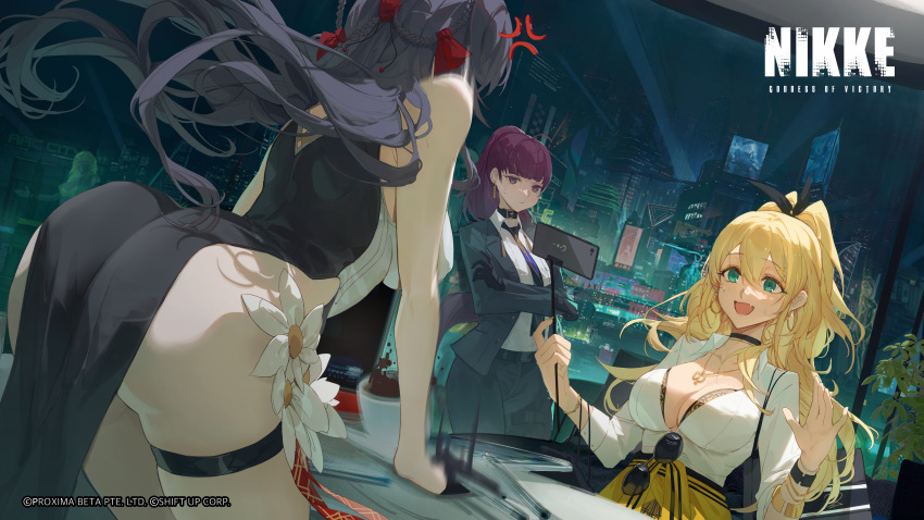 3girls absurdres ahoge amesuku_gyaru angry animal_print ass belt black_gloves black_hair blonde_hair blunt_bangs bra_slip braid breasts business_suit choker cityscape cleavage coffee_mug copyright_notice cup dolla_(nikke) dress earrings english_commentary flower formal gloves goddess_of_victory:_nikke green_eyes gyaru highres indoors jewelry kogal kuroduki_(pieat) large_breasts leaning_forward leopard_print long_hair looking_at_another mug multiple_girls necktie official_art open_mouth phone plant ponytail purple_eyes purple_hair rupee_(nikke) second-party_source selfie_stick shirt sitting standing suit sunglasses talentum_(nikke) white_shirt window yan_(nikke)