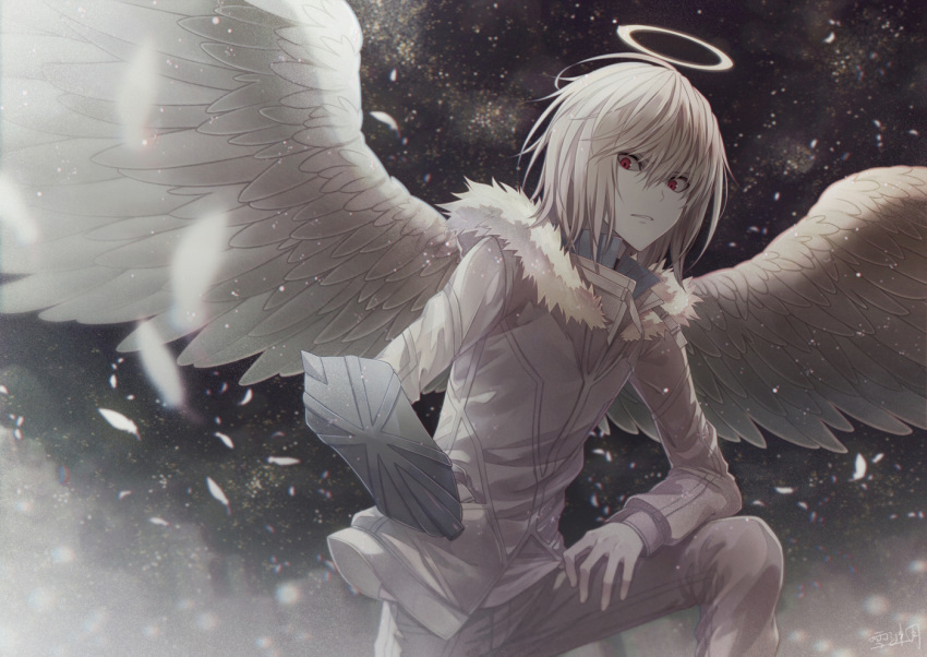 1boy accelerator_(toaru_majutsu_no_index) albino angel angel31424 angel_wings angry commentary_request energy energy_wings falling_feathers feathered_wings feathers fur_trim grey_theme halo jacket looking_down magic male_focus medium_hair pale_skin pants psychic red_eyes solo spread_wings toaru_majutsu_no_index toaru_majutsu_no_index:_old_testament v-shaped_eyebrows white_feathers white_hair white_halo white_jacket white_pants white_wings wings