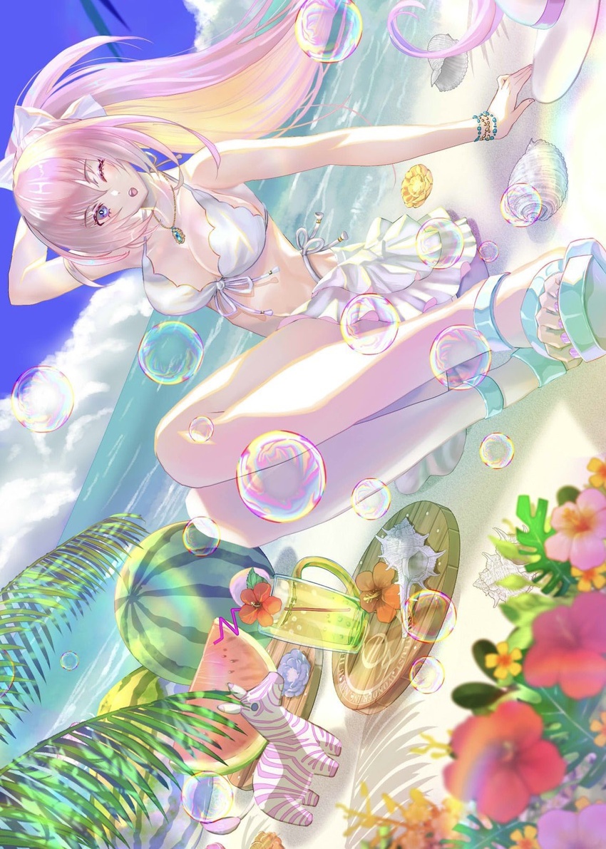 bad_id bad_twitter_id bare_legs beach bikini breasts character_request collarbone copyright_request drink female flower food frilled_skirt frills fruit gathers gem gladiator_sandals green_footwear green_gemstone hair_ribbon highleg highleg_bikini highres jewelry legs long_hair looking_at_viewer natsujiru necklace ocean one_eye_closed open_mouth pink_hair ponytail ribbon sand sandals shell skirt solo swimsuit toeless_footwear tray very_long_hair watermelon white_bikini white_ribbon zebra