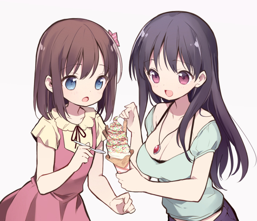 2girls :d :o bare_shoulders black_hair black_ribbon blue_eyes blush bow breasts brown_hair cleavage collarbone collared_shirt commentary_request dress food green_shirt grey_background hairbow highres holding holding_food holding_spoon ice_cream ice_cream_cone itsumi_(itumiyuo) jewelry large_breasts long_hair looking_at_object multiple_girls neck_ribbon onjouji_toki open_mouth pendant pink_dress puffy_short_sleeves puffy_sleeves red_bow red_eyes ribbon saki_(manga) saki_achiga-hen shimizudani_ryuuka shirt short_sleeves simple_background sleeveless sleeveless_dress smile soft_serve spoon sprinkles striped striped_bow very_long_hair yellow_shirt