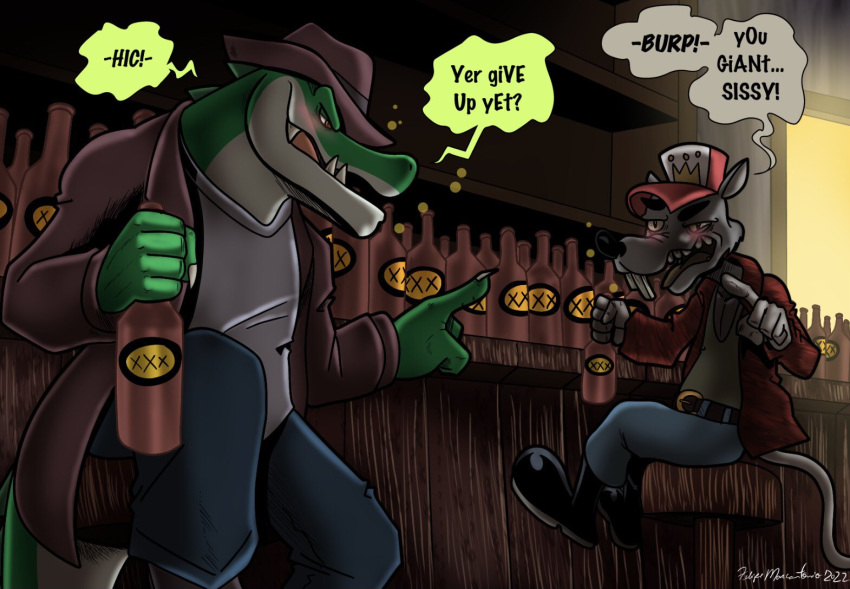 2022 5_fingers alligator alligatorid anthro bar_stool black_boots black_clothing black_footwear black_nose blue_bottomwear blue_clothing blue_pants boots bottle bottomwear brown_clothing brown_hat brown_headwear brown_topwear bubble buckteeth clothed clothing container cregon crocodile crocodilian crocodylid drunk drunk_bubble duo english_text fedora fingers footwear fully_clothed fur furniture gesture green_body green_clothing green_shirt green_topwear grey_body grey_fur hand_gesture hat headgear headwear jacob_"moonshine"_charlie male mammal monotone_body monotone_fur multicolored_body murid murine pants pointing pointing_at_another rat red_clothing red_topwear reptile rodent scalie shirt speech_bubble stool substance_intoxication teeth text topwear trucker_hat two_tone_body white_body white_clothing white_shirt white_topwear yellow_eyes yellow_sclera yuski