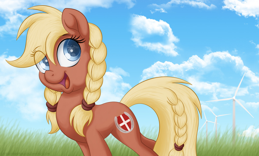 2017 blonde_hair blue_eyes braided_hair cloud cutie_mark danish_flag dannebrog day equid equine female feral grass hair hasbro horse littlehybridshila looking_up mammal my_little_pony outside plant pony smile solo valkyria_(littlehybridshila) windmill