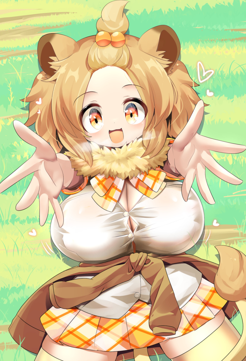 animal_ears bangs_pinned_back blonde_hair blush breasts cleavage commentary_request cowboy_shot female fur_collar grass hair_bobbles hair_ornament heart highres huge_breasts kemono_friends lets0020 lion_ears lion_tail looking_at_viewer masai_lion_(kemono_friends) medium_hair on_ground open_mouth orange_eyes orange_skirt plaid plaid_skirt pleated_skirt reaching reaching_towards_viewer skirt smile solo tail thighhighs yellow_thighhighs