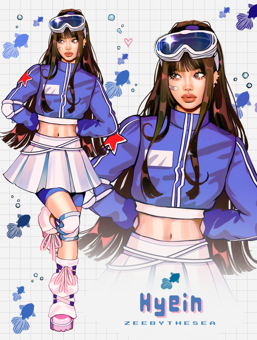 absurdres artist_name bandaid bandaid_on_cheek bandaid_on_face blue_jacket boots brown_eyes character_name female get_up_(newjeans) goggles goggles_on_head hair_behind_ear hands_on_own_hips highres hyein_(newjeans) jacket k-pop long_hair midriff_peek navel newjeans pink_footwear real_life realistic solo thick_lips very_long_hair zeebythesea zoom_layer