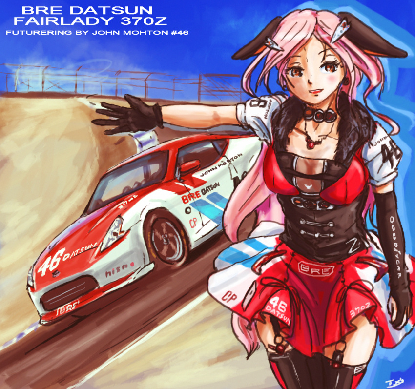 alternate_color animal_ears bikini black_gloves black_shirt black_thighhighs brown_eyes brown_hair car datsun elbow_gloves female fur-trimmed_shirt fur_trim garter_straps gloves goodyear highres hill laguna_seca_raceway long_hair looking_at_viewer motor_vehicle nismo nissan_370z nissan_fairlady_z nissan_fairlady_z_(syanago_collection) open_hand open_mouth pink_hair racetrack real_world_location red_bikini red_skirt shirt single_elbow_glove skirt smile solo sponsor swimsuit syanago_collection thighhighs thrux vehicle_and_personification vehicle_name very_long_hair