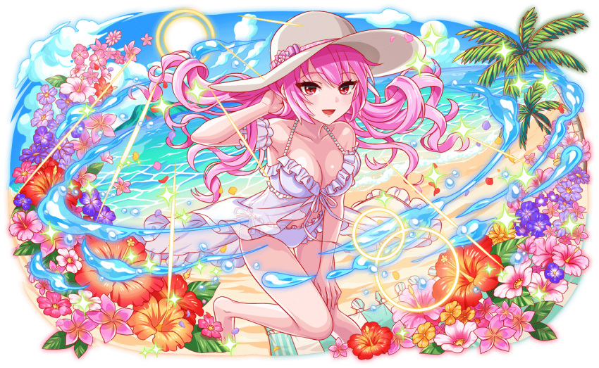 artist_request bare_arms bare_legs bare_shoulders barefoot beach beads bikini bikini_ribbon blanket blue_flower blue_outline blue_petals blue_sky bow breasts cleavage cloud cloudy_sky collarbone crash_fever eyelashes flower frilled_bikini frills game_cg hand_in_own_hair hand_on_own_leg hat hat_bow heart-shaped_petals hibiscus island jang_hui-bin leaf leg_up long_hair looking_at_viewer medium_breasts mountain ocean official_art open_mouth orange_flower outline palm_leaf palm_tree pink_bow pink_eyebrows pink_flower pink_hair pink_petals purple_flower red_eyes red_flower red_outline red_petals ribbon sand saturated see-through see-through_bikini see-through_sleeves short_sleeves sidelocks sky smile solo sparkle sun sun_hat sunlight swimsuit tachi-e too_many_flowers transparent_background tree water water_drop wavy_hair white_bikini white_flower white_hat white_ribbon white_sleeves yellow_flower yellow_petals