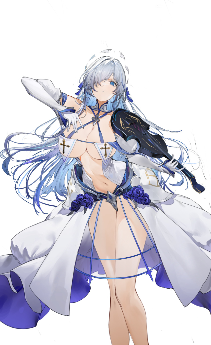 absurdres azur_lane bare_shoulders blue_eyes blue_hair blue_ribbon breast_curtains breasts brennus_(azur_lane) center_opening chinese_commentary cleavage collarbone commentary_request cross detached_sleeves dress female flantia gloves hair_ornament hair_over_one_eye hair_ribbon halo halo_behind_head highres holding holding_instrument holding_violin instrument large_breasts long_hair looking_at_viewer multicolored_hair navel parted_lips puffy_detached_sleeves puffy_sleeves revealing_clothes ribbon see-through see-through_dress sidelocks solo standing stomach two-tone_hair very_long_hair violin white_dress white_gloves white_hair white_sleeves