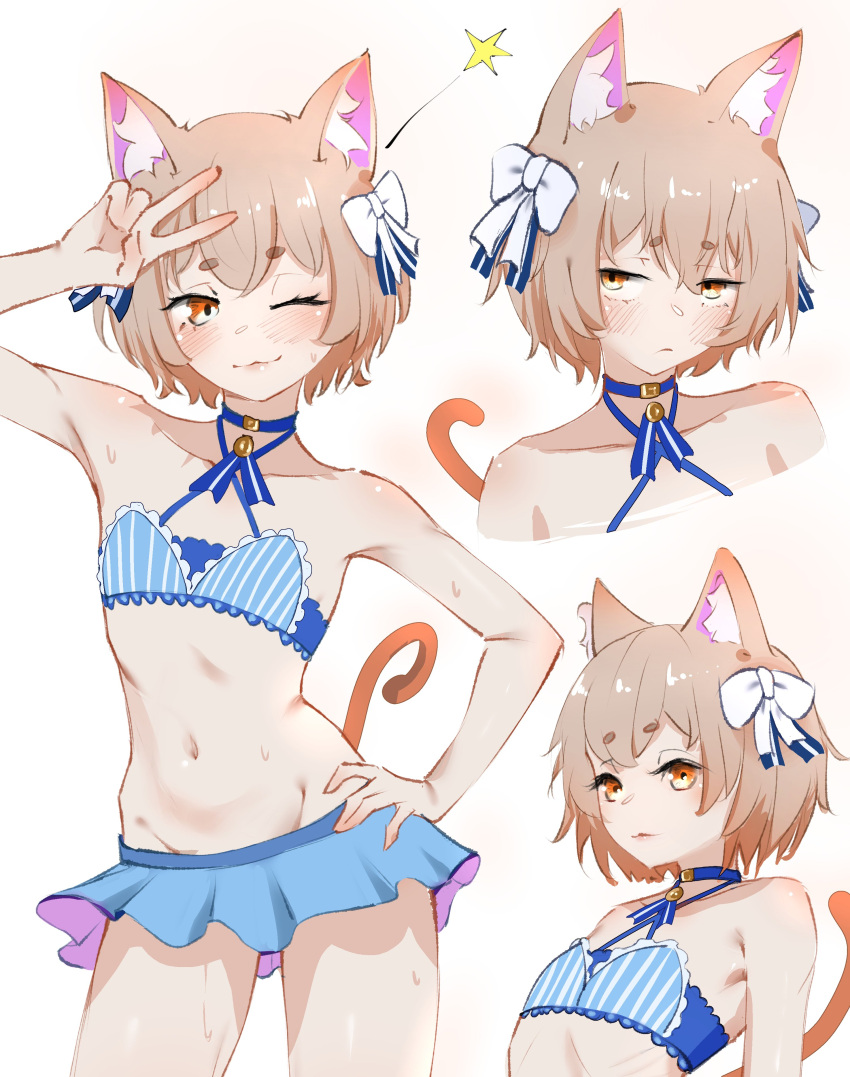 1boy :3 absurdres animal_ears arm_up babywipes bare_shoulders bell bikini blue_bikini blue_choker bow brown_eyes brown_hair cat_ears cat_tail choker commentary contrapposto cowboy_shot cropped_shoulders english_commentary felix_argyle hairbow hand_on_own_hip highres jingle_bell light_frown male_focus multiple_views navel one_eye_closed otoko_no_ko re:zero_kara_hajimeru_isekai_seikatsu ribbon short_hair simple_background striped_bikini striped_clothes sweat swimsuit tail thighs v_over_head vertical-striped_bikini vertical-striped_clothes white_background white_bow