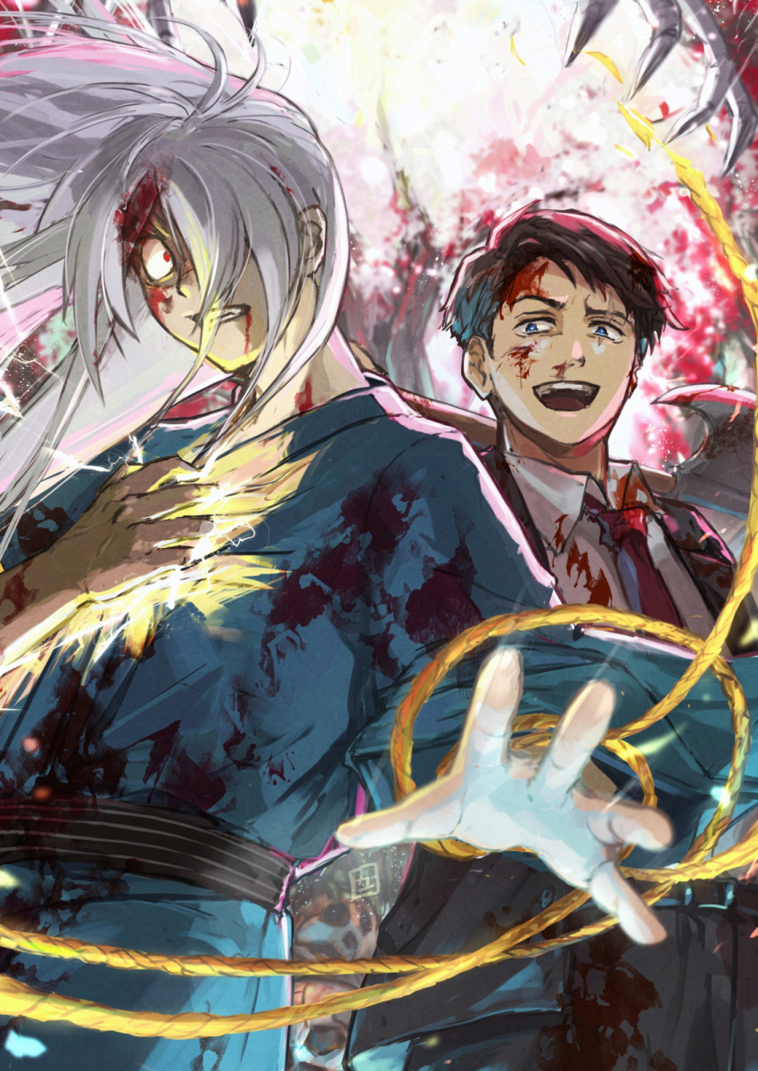 2boys axe belt black_pants black_suit blood blood_on_clothes blood_on_face blue_eyes blue_kimono gegege_no_kitarou hand_on_own_chest highres holding holding_axe japanese_clothes kimono kitarou_tanjou:_gegege_no_nazo long_hair looking_at_viewer medama_oyaji_(human) mizuki_(gegege_no_kitarou) multiple_boys necktie okamoto_setsura pants red_eyes red_necktie rope suit teeth