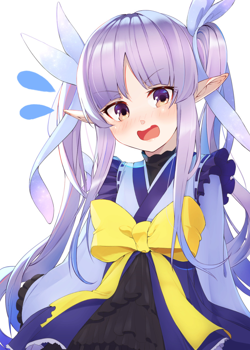 blue_hair blue_ribbon blunt_bangs blush bow butterfly_hair_ornament elf female flying_sweatdrops frills hair_ornament highres japanese_clothes kimono kyoka_(princess_connect!) long_hair long_sleeves looking_at_viewer open_mouth pointy_ears princess_connect! purple_hair ribbon ribbon_trim shimon_(31426784) simple_background solo twintails upper_body v-shaped_eyebrows very_long_hair waist_bow white_background yellow_bow