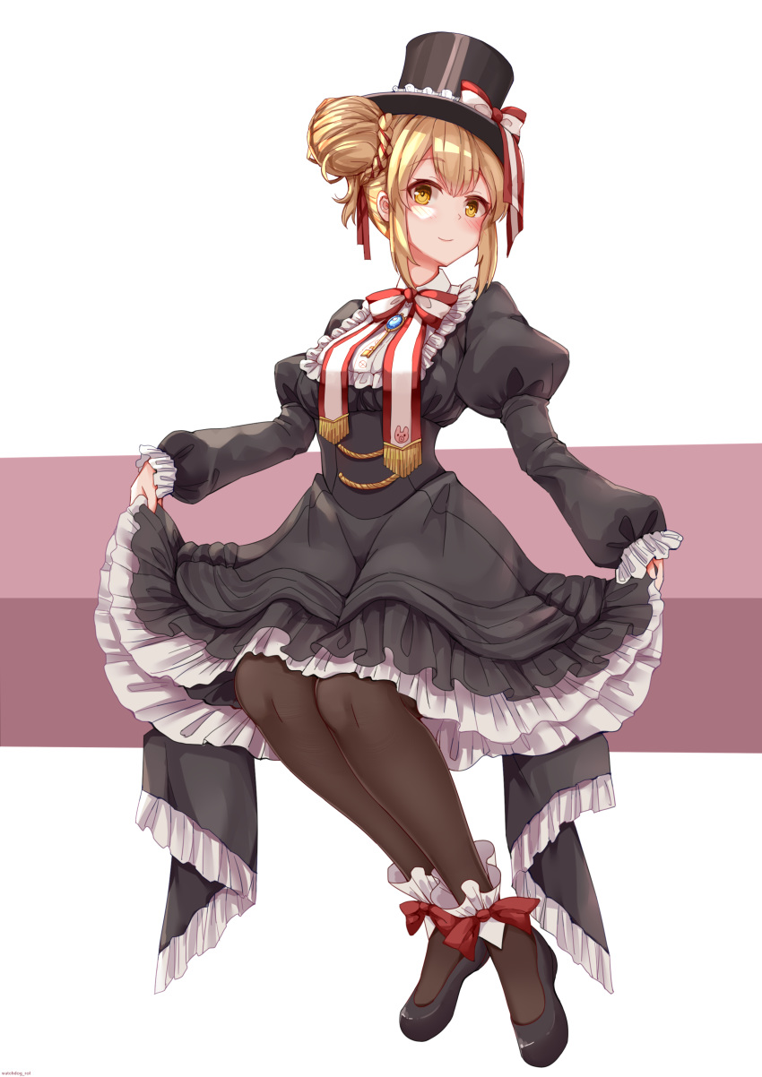 absurdres black_footwear black_headwear blonde_hair blush bow brown_pantyhose chinese_commentary commentary_request eine_(virtuareal) female hair_bun highres juliet_sleeves long_sleeves nijisanji pantyhose partial_commentary puffy_long_sleeves puffy_sleeves red_bow simple_background single_hair_bun single_side_bun sitting skirt_hold smile solo virtual_youtuber virtuareal watchdog_rol_(y1104280730) yellow_eyes