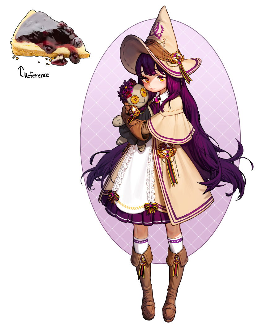 absurdres blueberry boots brown_footwear brown_gloves brown_hat cheesecake collared_dress dress female food fruit gloves hat highres holding holding_stuffed_toy long_hair long_sleeves looking_at_viewer original oval_background personification purple_hair reference_inset rinotuna shadow socks solo stuffed_toy very_long_hair witch_hat yellow_eyes