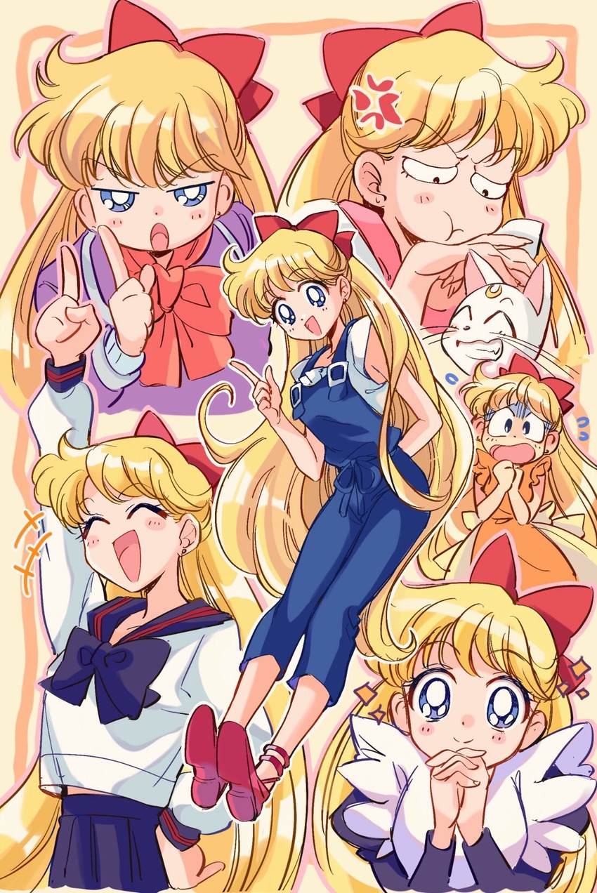 :d :t ^_^ aino_minako alternate_costume anger_vein animal annoyed apron arm_behind_back arm_up artemis_(sailor_moon) bishoujo_senshi_sailor_moon bishoujo_senshi_sailor_moon_stars blonde_hair blue_eyes blue_overalls blue_sailor_collar blue_skirt blush_stickers bow bowtie closed_eyes closed_mouth commentary_request crescent crescent_facial_mark dress enmaided facial_mark feline female flying_sweatdrops forehead_mark frilled_apron frills grin hairbow hand_on_own_hip hand_up happy highres index_finger_raised juuban_high_school_uniform long_hair long_sleeves looking_at_another looking_at_viewer maid multiple_views official_style open_mouth orange_dress overalls own_hands_clasped own_hands_together pleated_skirt pout red_bow red_bowtie sailor_collar school_uniform serafuku shirt skirt smile sparkle suzuki_(2red_moon3) tamegai_katsumi_(style) turn_pale very_long_hair white_apron white_cat white_shirt