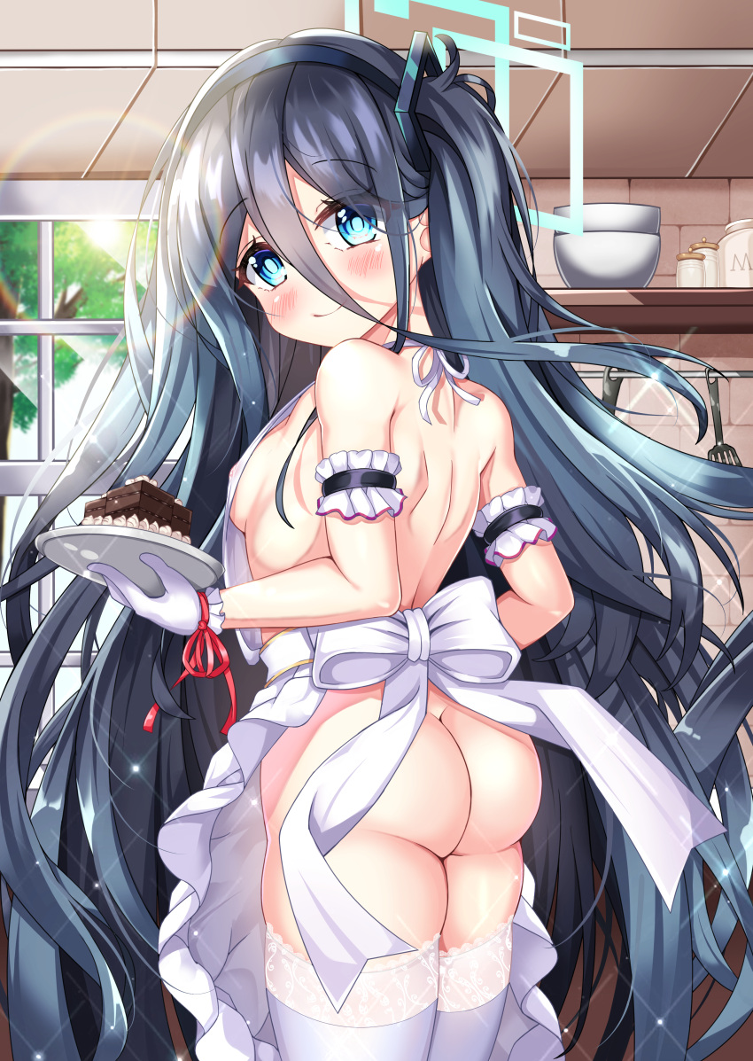 absurdres alternate_costume apron arisu_(blue_archive) ass blue_archive blue_eyes blush breasts commentary dark_blue_hair female hair_between_eyes hair_ornament halo headband highres kitchen long_hair looking_at_viewer naked_apron small_breasts smile solo thighhighs tia_(4017342)