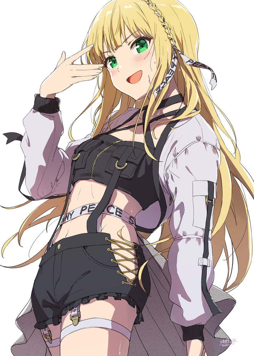 :d ayano_yuu_(sonma_1426) blonde_hair braid breast_pocket breasts collarbone criss-cross_halter crop_top cross-laced_clothes cross-laced_shorts female frilled_shorts frills garter_straps green_eyes halterneck hand_up highres ichinose_rei idol idoly_pride long_hair looking_at_viewer midriff open_mouth pocket ribbon_braid short_shorts shorts shrug_(clothing) signature simple_background smile solo stomach sweat thigh_strap white_background white_garter_straps white_shrug