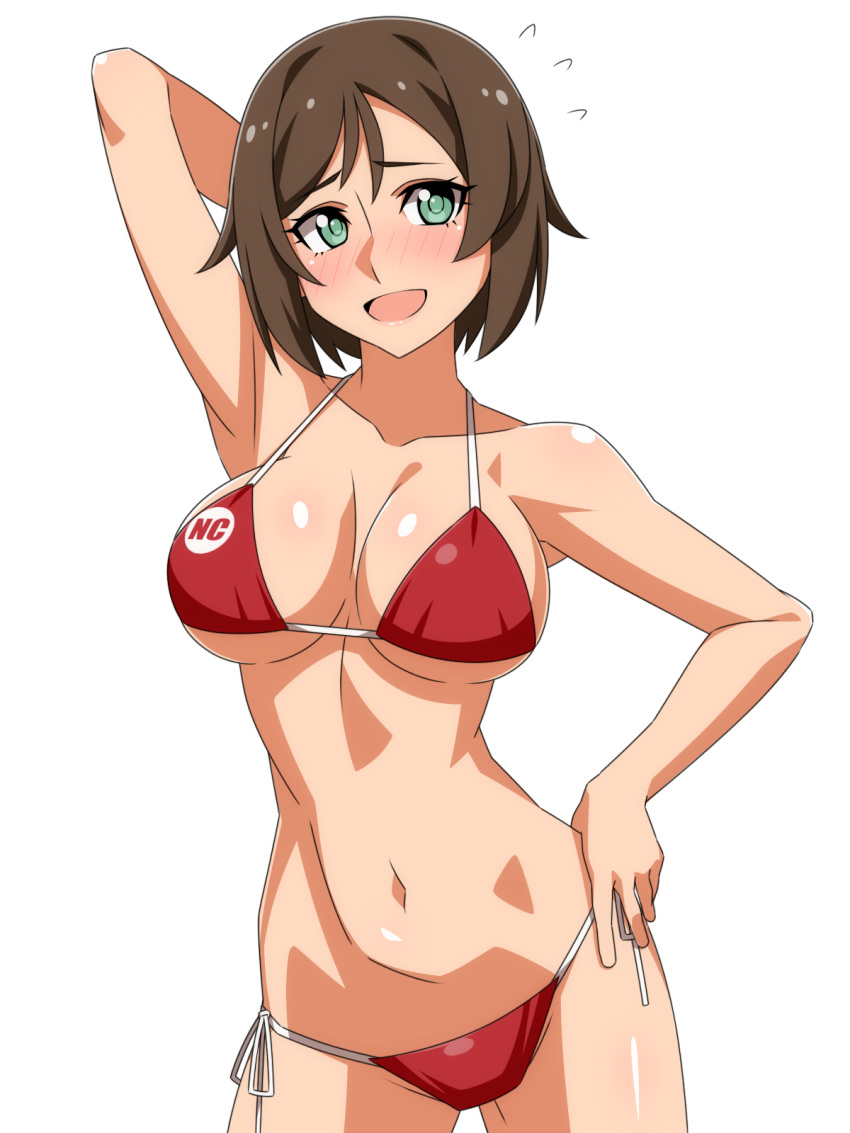 arm_behind_back arm_behind_head arm_up armpits bikini blush breasts breasts_apart challengia collarbone commission embarrassed female green_eyes highres honchan large_breasts looking_at_viewer navel nchans nchans_style open_mouth pixiv_commission ra-pen red_bikini solo stomach swimsuit underboob