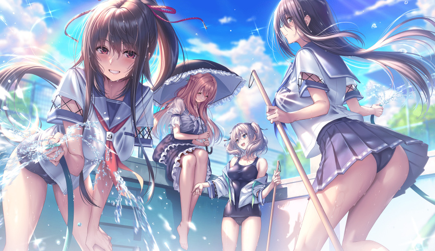 4girls :d ^_^ amakano_2 ass barefoot black_hair blonde_hair blue_eyes blue_skirt braid broom brown_hair closed_eyes clothes_lift day dithering dress empty_pool floating_hair french_braid game_cg grin high_ponytail highres himiyama_rei holding holding_broom holding_hose holding_umbrella hose kurohime_yuuhi long_hair looking_at_viewer medium_hair miniskirt multiple_girls neckerchief no_pants off_shoulder official_art old_school_swimsuit one-piece_swimsuit open_mouth outdoors photoshop_(medium) piromizu pleated_skirt pool profile rainbow red_eyes sara_(amakano_2) school_swimsuit school_uniform see-through serafuku shirt short_sleeves sitting skirt skirt_lift smile spraying standing swimsuit swimsuit_under_clothes tsutamachi_chitose twintails umbrella upskirt water wet wet_clothes wet_shirt white_hair