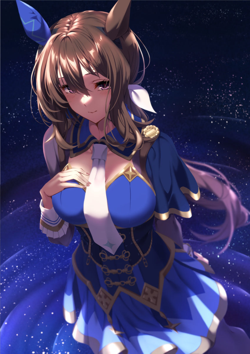 admire_vega_(umamusume) animal_ears arm_behind_back breasts brown_hair dress female hair_between_eyes hand_on_own_chest highres horse_ears horse_girl horse_tail kagari_liroi large_breasts long_hair long_sleeves looking_at_viewer necktie purple_eyes smile solo space star_(sky) tail umamusume upper_body white_necktie