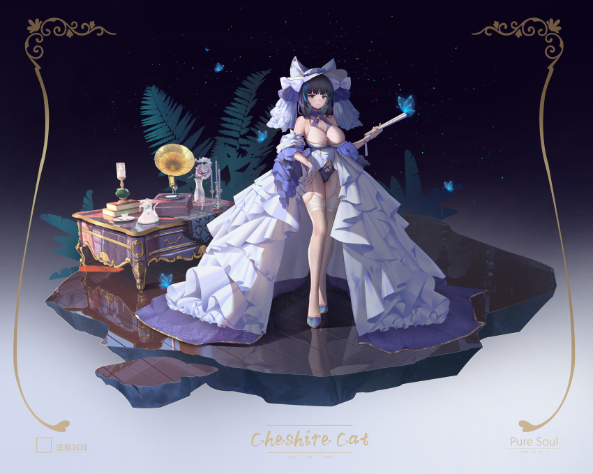 :3 absurdres animal_ears azur_lane bare_shoulders blue_butterfly blue_hair boots breasts bridal_gauntlets bug butterfly candle character_name cheshire_(azur_lane) cheshire_(the_cat_and_the_white_steed)_(azur_lane) cleavage dress evening_gown fake_animal_ears female fern folding_fan frilled_dress frills full_body garter_straps green_eyes hand_fan highres holding holding_fan koala-mitsuri large_breasts layered_dress multicolored_hair night night_sky official_alternate_costume panties phonograph purple_hair purple_panties reflection see-through showgirl_skirt sky solo streaked_hair thighhighs two-tone_hair underwear white_dress white_garter_straps white_headwear white_thighhighs