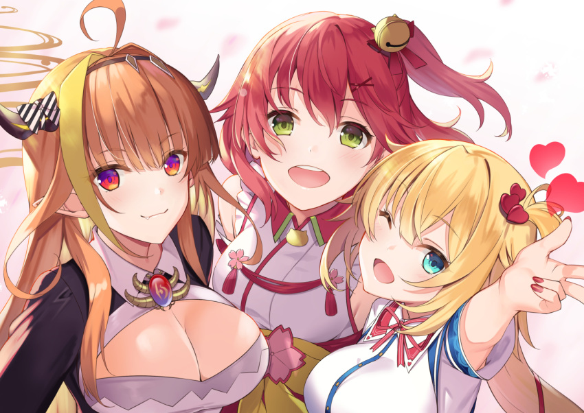 3girls ahoge akai_haato akai_haato_(1st_costume) akanebi bell blonde_hair blue_eyes bow breasts cleavage closed_mouth diagonal-striped_bow diagonal_stripes dragon_girl fang_out green_eyes hair_bell hair_between_eyes hair_ornament hairclip heart hololive horns kiryu_coco kiryu_coco_(1st_costume) large_breasts long_hair looking_at_viewer multicolored_eyes multicolored_hair multiple_girls nail_polish oerba_yun_fang open_mouth orange_hair pink_hair pointy_ears purple_eyes red_nails sakura_miko sakura_miko_(1st_costume) sidelocks streaked_hair striped striped_bow teeth upper_teeth_only virtual_youtuber w x_hair_ornament