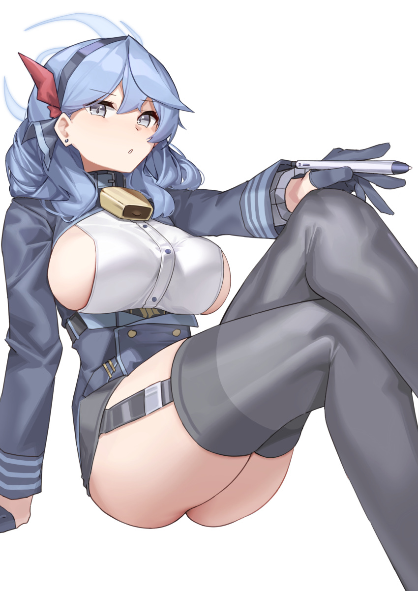 :o absurdres ako_(blue_archive) ass bell black_gloves black_skirt blue_archive blue_coat blue_eyes blue_hair blue_hairband breasts coat cowbell earrings female foreshortening garter_straps gloves hair_between_eyes hairband half_gloves halo highres holding holding_pen jewelry large_breasts leash long_hair looking_at_viewer miniskirt mung_(larnec) neck_bell open_mouth pen red_ribbon revision ribbon sideboob sideless_outfit sideless_shirt simple_background sitting skirt solo stud_earrings thighhighs white_background