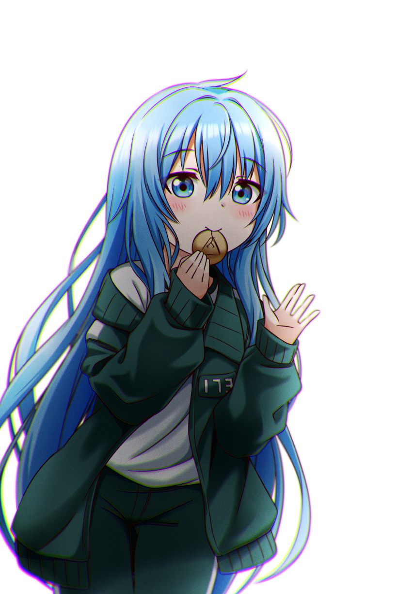 absurdres blue_eyes blue_hair candy dalgona elie_wayne female food green_jacket green_pants green_track_suit highres holding holding_candy holding_food jacket jan_azure long_hair long_sleeves looking_at_viewer original pants shirt solo squid_game track_pants track_suit white_shirt