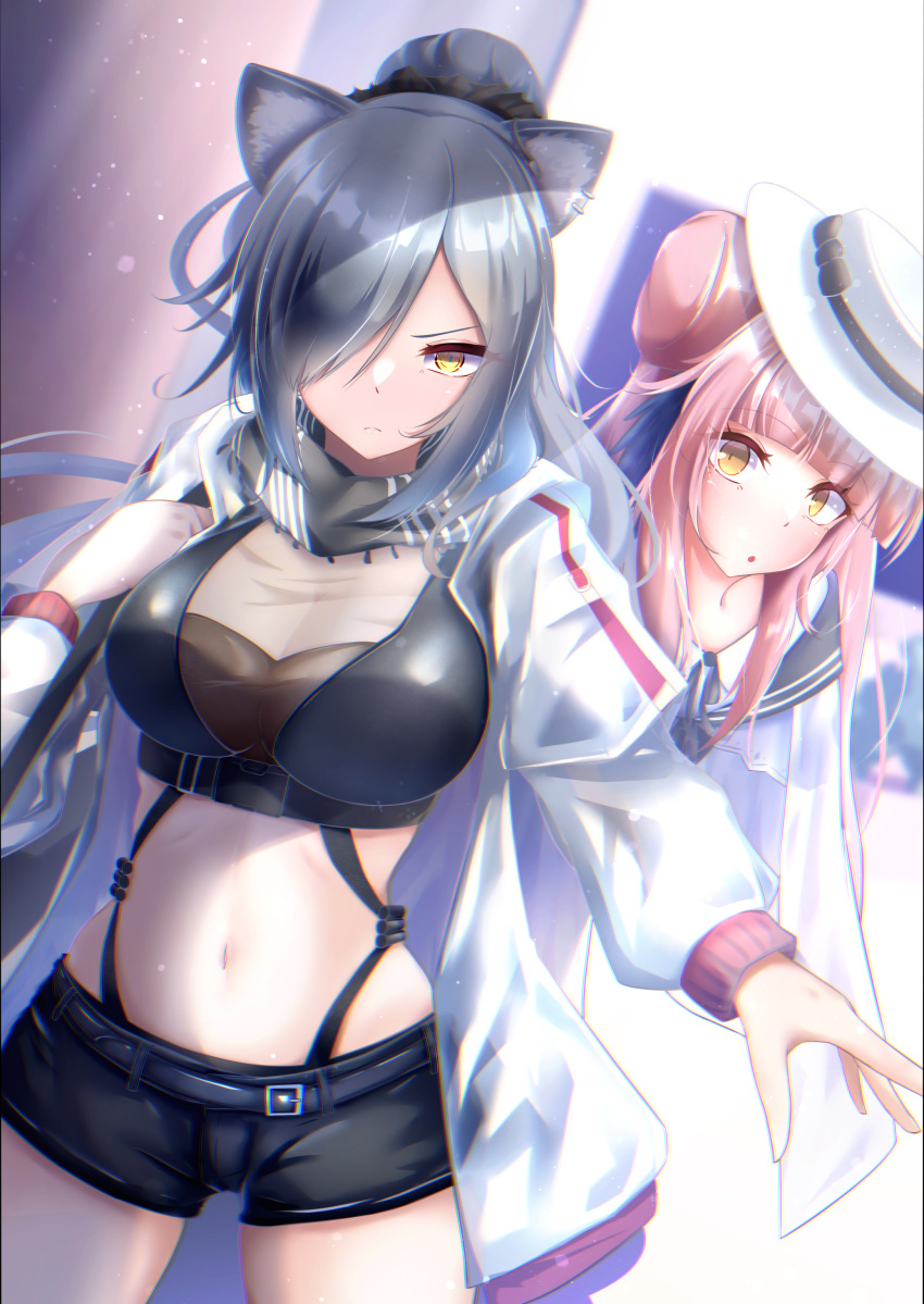 2girls :o absurdres animal_ears arknights bag black_scarf black_shorts blue_feathers blunt_bangs bow breasts cat_ears ceylon_(arknights) cleavage closed_mouth commentary_request cowboy_shot crop_top dress feathers grey_hair hair_between_eyes hat hat_bow highres holding holding_bag jacket large_breasts long_hair looking_at_viewer midriff multiple_girls navel open_clothes open_jacket pink_hair ponytail scarf schwarz_(arknights) short_shorts shorts shoulder_bag sidelocks sopranino standing underbust white_dress white_headwear white_jacket yellow_eyes