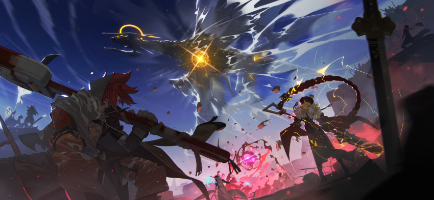 1boy 2girls 3others absurdres alchemy_stars bare_pectorals battle black_hair blood blood_on_weapon blue_sky closed_mouth diffraction_spikes dragon electricity energy energy_ball flag flying glowing glowing_eye halo highres holding holding_flag holding_sword holding_weapon hood hood_up lan_se_fangying lens_flare looking_up magic mechanical_arms multiple_girls multiple_others multiple_wings nemesis_(alchemy_stars) official_art outdoors over_shoulder pectorals red_hair scar scar_on_chest scarf sharona_(alchemy_stars) silhouette single_mechanical_arm single_wing sinsa_(alchemy_stars) sitting sky soroz_(alchemy_stars) standing sword weapon weapon_over_shoulder wings yellow_eyes