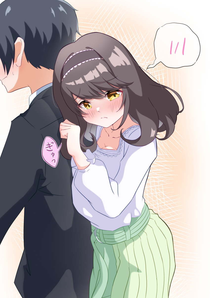 1boy absurdres black_hair black_hairband black_jacket blush breasts brown_hair cleavage clenched_hand closed_mouth collarbone cowboy_shot female from_side frown green_skirt hairband highres hug hug_from_behind idoly_pride jacket large_breasts long_sleeves nose_blush pleated_skirt purin_(user_mrsf8772) saeki_haruko_(idoly_pride) shirt short_hair skirt spoken_blush straight white_shirt yellow_eyes