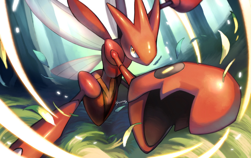 bad_id bad_pixiv_id claws commentary falling_leaves forest highres insect_wings koyama_miki leaf leaning_forward legs_apart looking_at_viewer nature no_humans orange_eyes pokemon pokemon_(creature) scizor shiny signature solo tree watermark wings