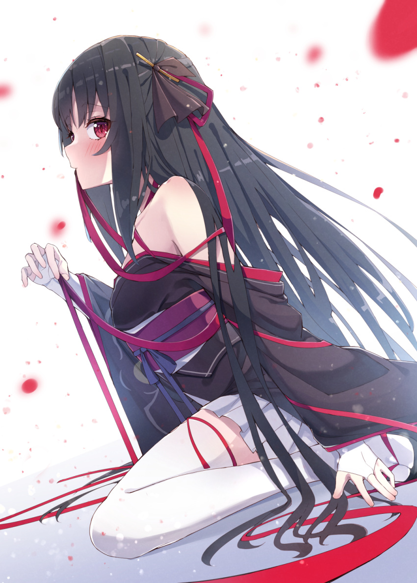 bare_shoulders black_hair black_kimono commentary female hair_ribbon highres japanese_clothes kimono kimono_skirt long_hair machine-doll_wa_kizutsukanai mouth_hold obi red_eyes ribbon ribbon_in_mouth sash shiro_youduki short_kimono sitting solo wariza white_legwear yaya_(machine-doll)