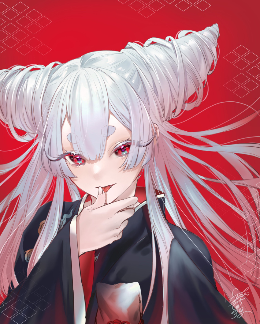 absurdres ayashimon black_kimono blue_eyes drill_hair eyelashes female flame_print floating_hair hair_between_eyes hair_horns highres hikimayu himari_(_h_i8) horns japanese_clothes kimono licking licking_finger long_eyelashes long_hair long_sleeves looking_at_viewer multicolored_eyes parted_bangs red_background red_eyes signature simple_background solo upper_body urara_(ayashimon) white_hair wide_sleeves