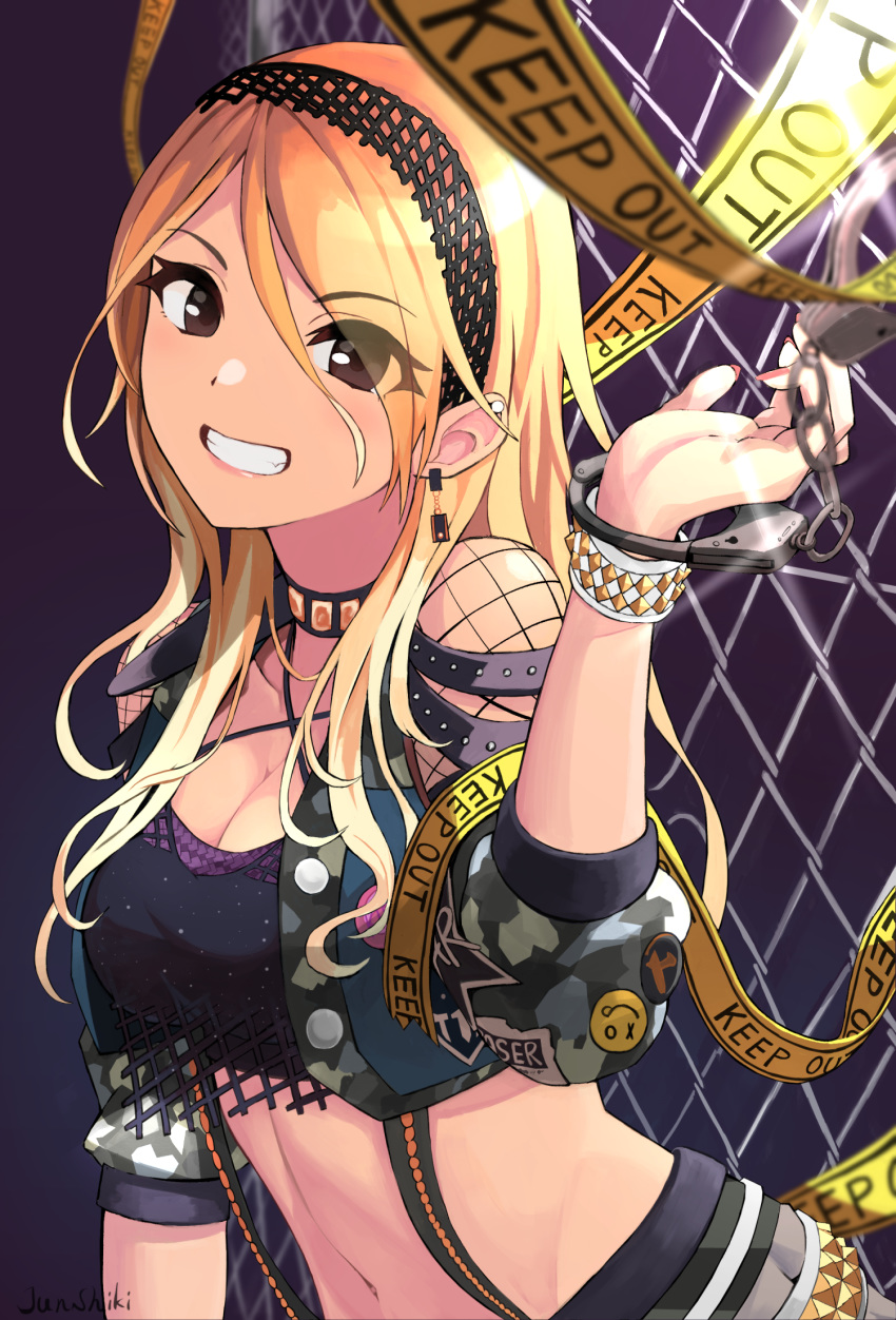 artist_name badge belt black_eyes blonde_hair bracelet breasts brown_hair button_badge camouflage camouflage_jacket caution_tape choker cleavage cropped_jacket cuffs earrings female fence fishnet_sleeves fishnets gradient_hair grin gyaru hair_between_eyes hairband handcuffs highres idolmaster idolmaster_shiny_colors izumi_mei jacket jewelry junshiki keep_out large_breasts long_eyelashes long_hair looking_at_viewer multicolored_hair nail_polish navel signature smile solo studded_belt studded_bracelet studded_choker tan tank_top