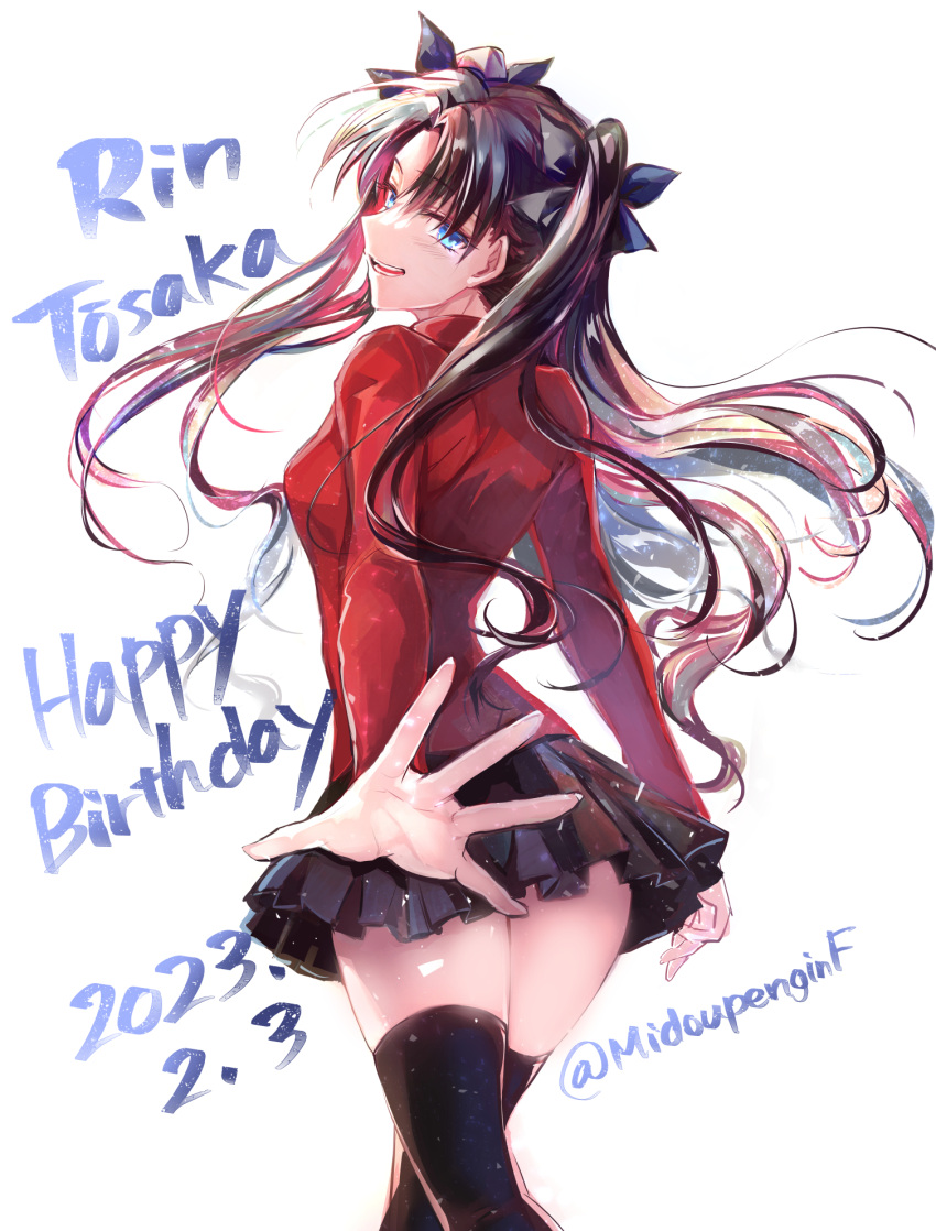 artist_name ass black_bow black_hair black_skirt black_thighhighs blue_eyes bow character_name commentary_request dated fate/stay_night fate_(series) female from_behind hairbow happy_birthday highres long_hair long_sleeves looking_at_viewer looking_back miniskirt mintes open_hand open_mouth pleated_skirt red_shirt shirt simple_background skirt smile solo thighhighs thighs tohsaka_rin two_side_up white_background zettai_ryouiki