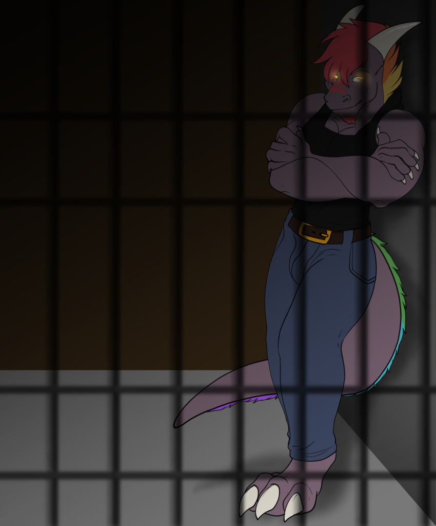 absurd_res anthro arrested bars belt biceps claws clothed clothing dark demon digital_media_(artwork) dragon enticing glowing glowing_eyes hair hi_res leaning leaning_on_wall locked_up loki_rel_zephyr looking_at_viewer male multicolored_hair muscular muscular_anthro muscular_male mythological_creature mythological_scalie mythology prison rainbow_hair scalie slushee. solo standing tail