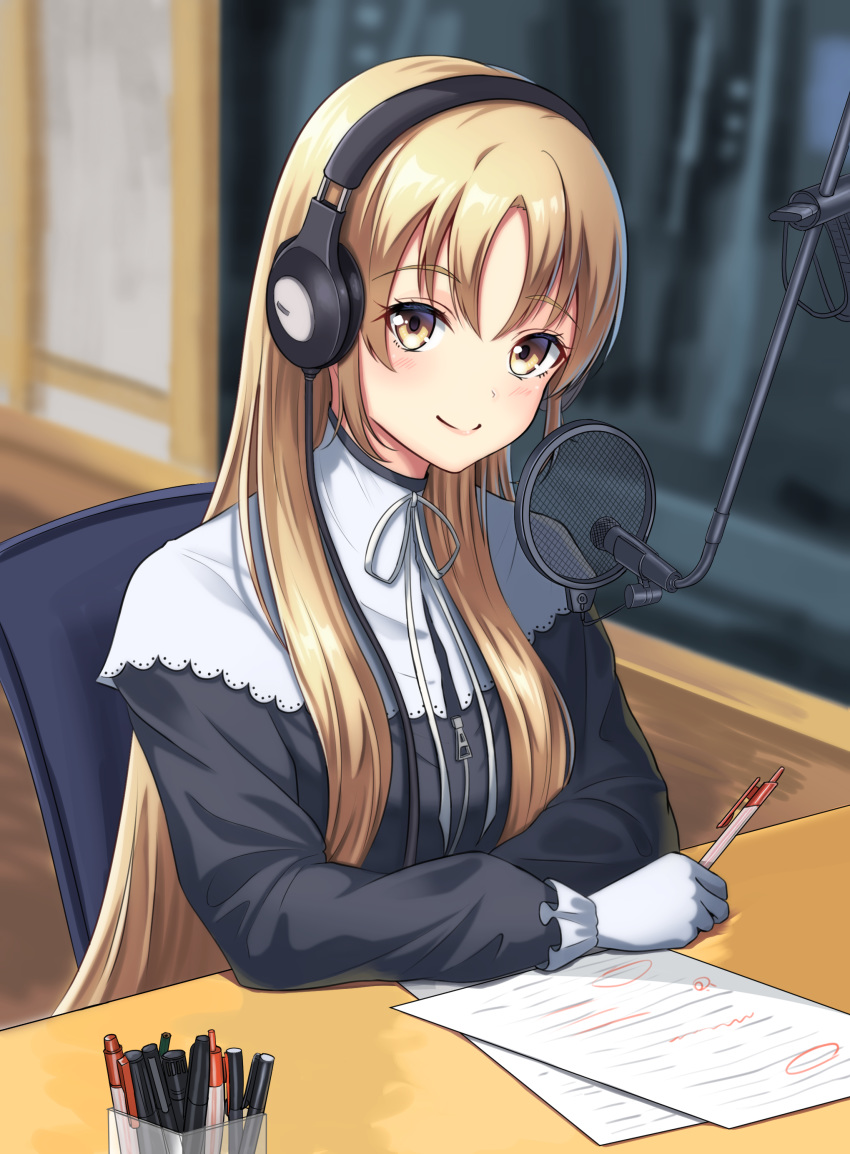 absurdres asarime bad_id bad_pixiv_id black_dress blonde_hair blurry blurry_background capelet closed_mouth dress female full-length_zipper gloves hair_between_eyes headphones highres holding holding_pen indoors long_hair long_sleeves looking_at_viewer nijisanji no_headwear nun pen radio_booth sister_claire sister_claire_(1st_costume) sitting smile solo straight_hair traditional_nun upper_body very_long_hair virtual_youtuber white_capelet white_gloves yellow_eyes zipper zipper_dress